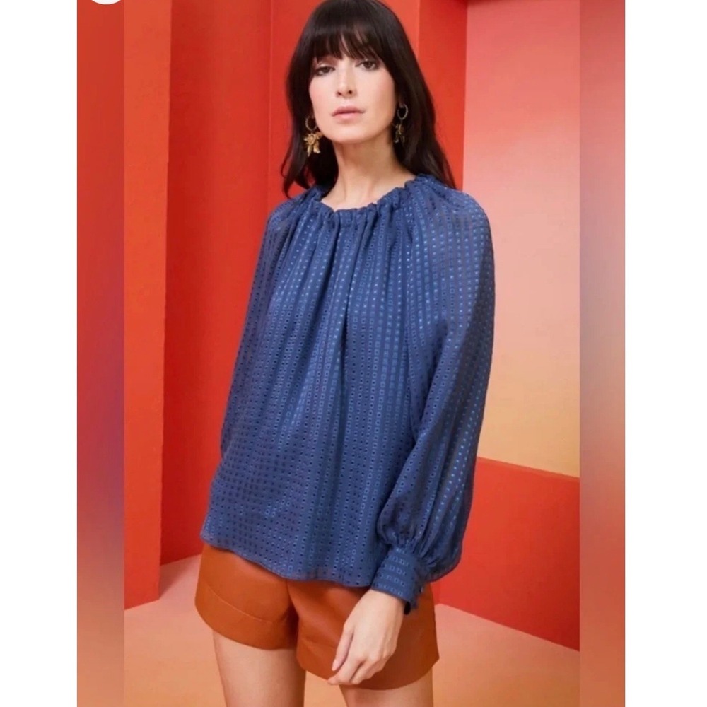 H12 Marie Oliver Blue Textured Tie Back Balloon Sleeve Blouse‎ XL Lined Top